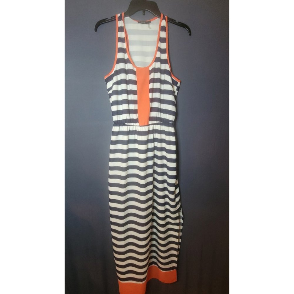 THML Women's Navy White Deep Scoop Neck Sleeveless Maxi Dress Size Medium